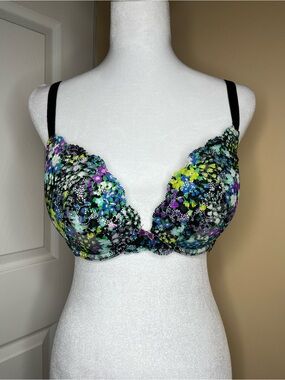 Victoria's Secret Dream Angels Black Multicolor Floral Lace Push-Up Bra 36C